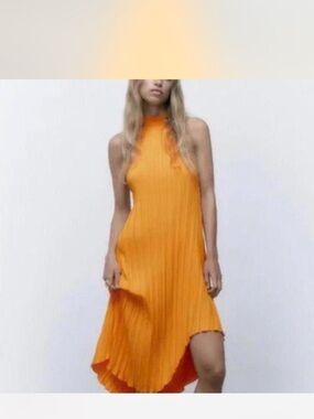 Zara Orange Pleated High-Neck High-Low Dress